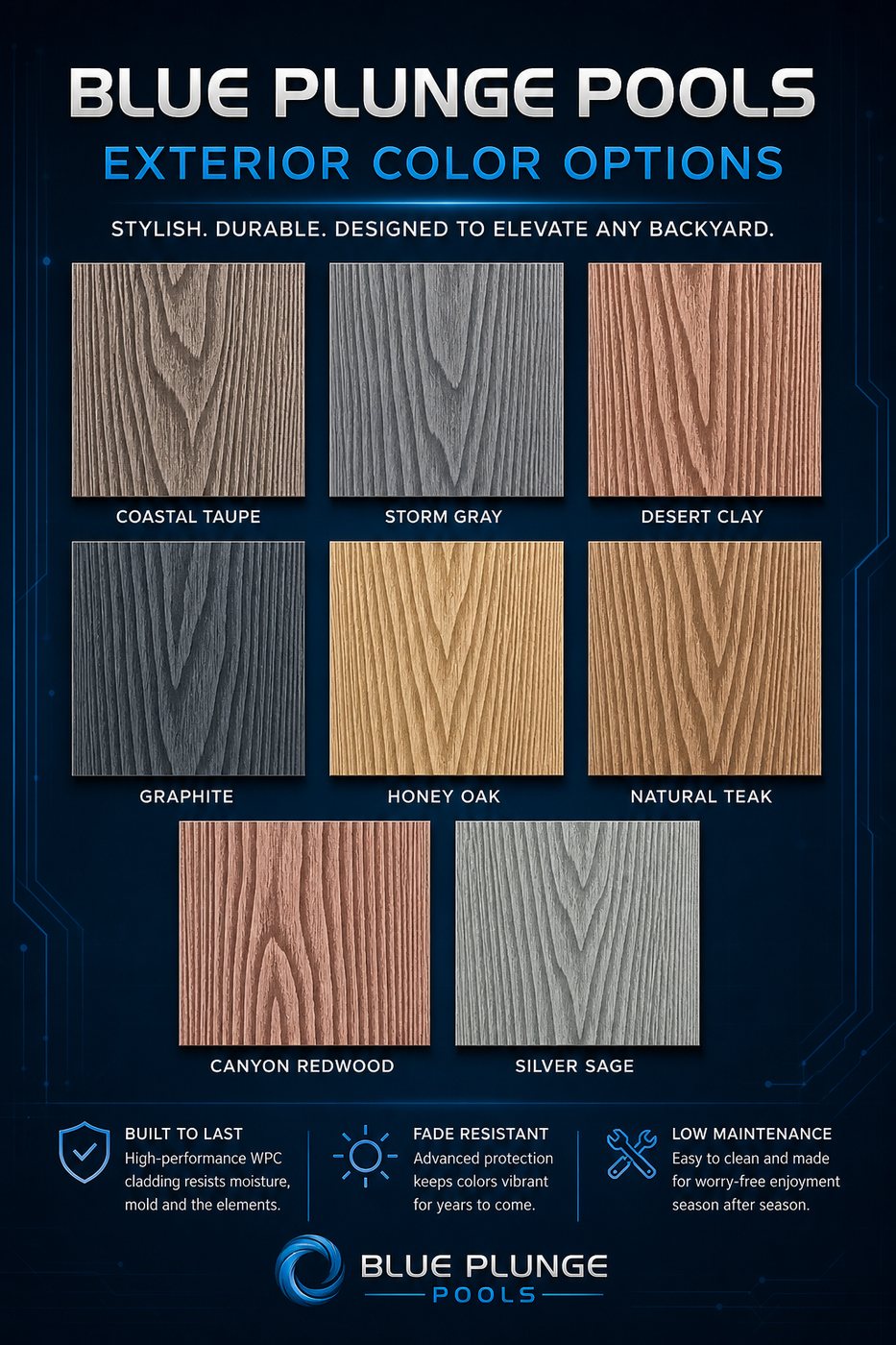 Eight WPC cladding colors.