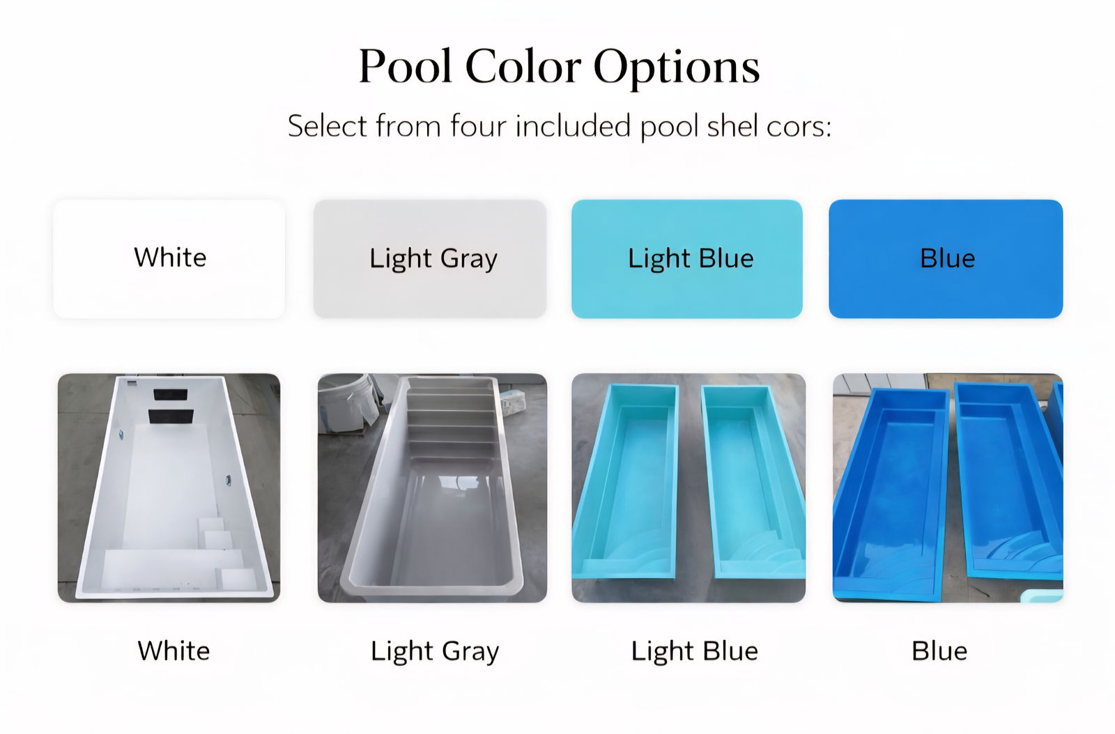 Four included shell colors: white, light gray, light blue, and blue.