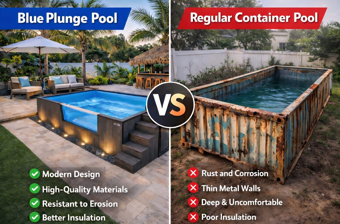 Comparison graphic: a Blue Plunge pool against a regular container pool. Modern design, fiberglass, insulation, and erosion resistance on one side. Rust, thin metal walls, and poor insulation on the other.