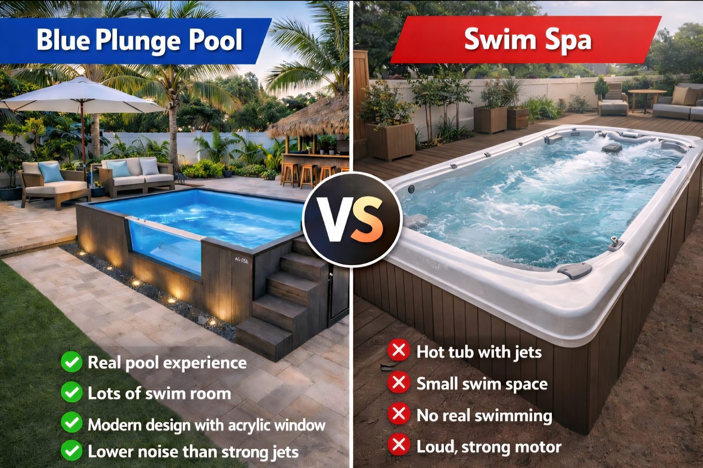 Comparison graphic: a Blue Plunge pool with room to swim and a quieter shell, against a swim spa with a current, a smaller swim space, and louder jets.