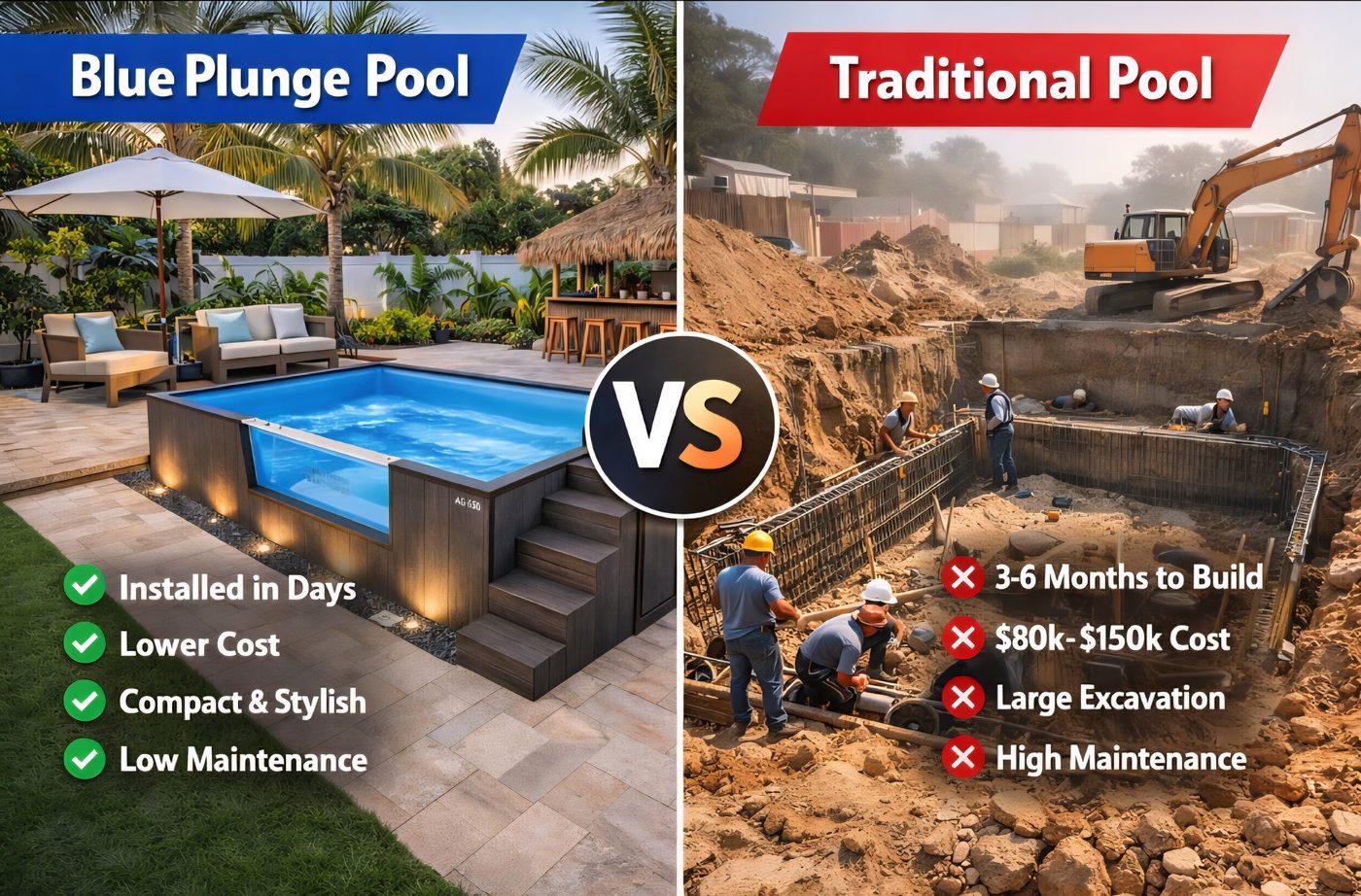 Comparison graphic: a Blue Plunge pool installed in days at lower cost with no large excavation, against a traditional pool that takes 3 to 6 months and often costs $80,000 to $150,000.