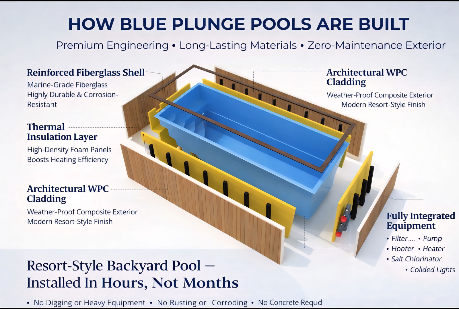 Diagram of the shell: fiberglass, insulation, WPC cladding, and an equipment end.