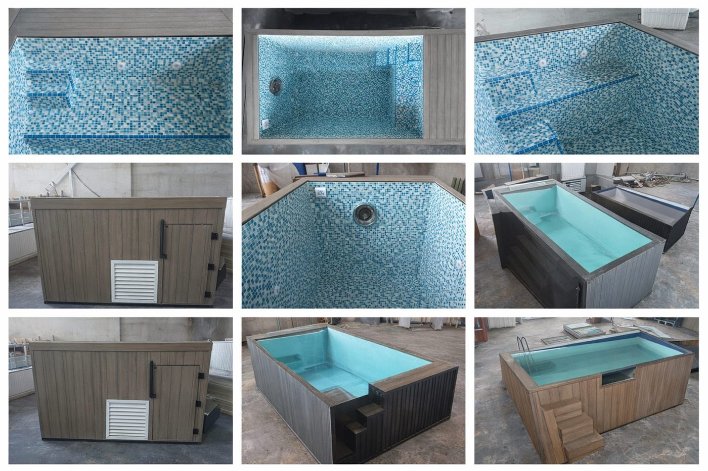 Overhead of a lit mosaic plunge pool with the cover housing at one end.