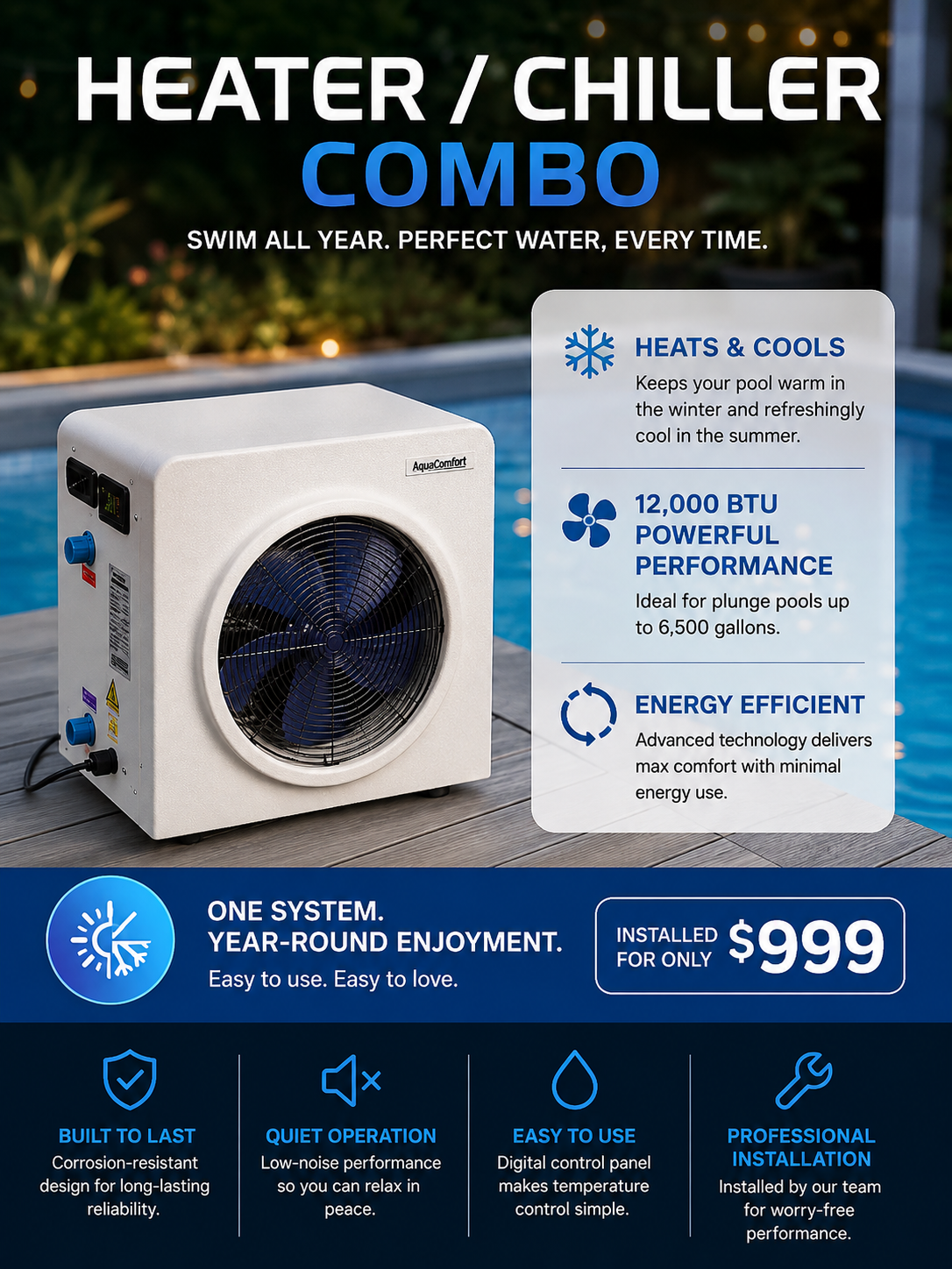 Heater and chiller combo. Heats in winter and cools in summer. 12,000 BTU, for plunge pools up to 6,500 gallons. Installed for $999.