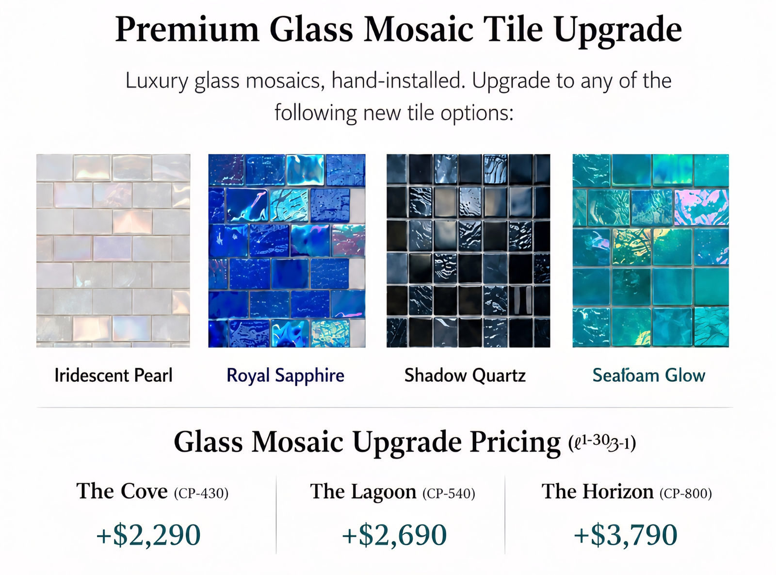Glass mosaic samples and prices for Cove, Lagoon, and Horizon.